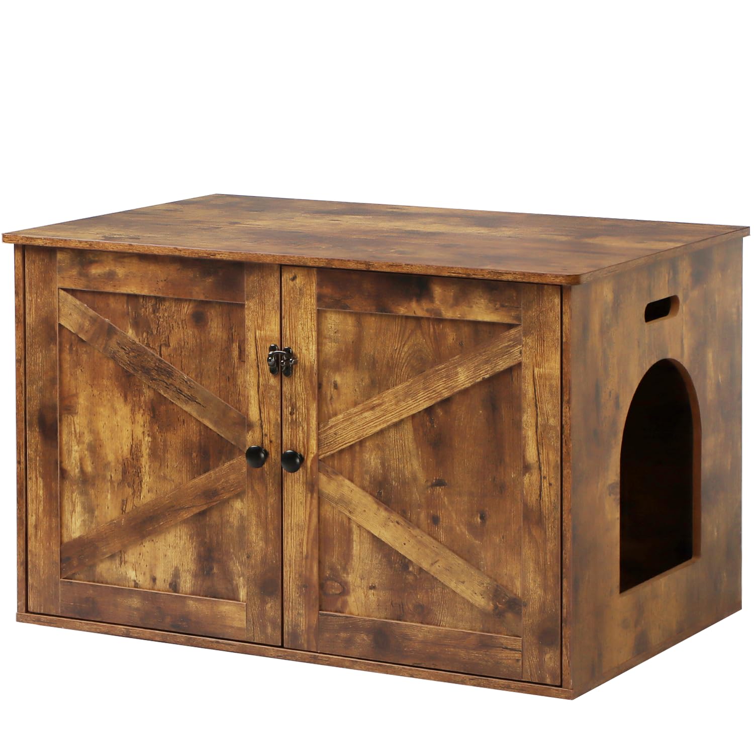 Timberer cat litter box enclosure front view shows discreet, stylish privacy.