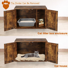 Timberer cat litter box enclosure with doors open for easy cleaning access.
