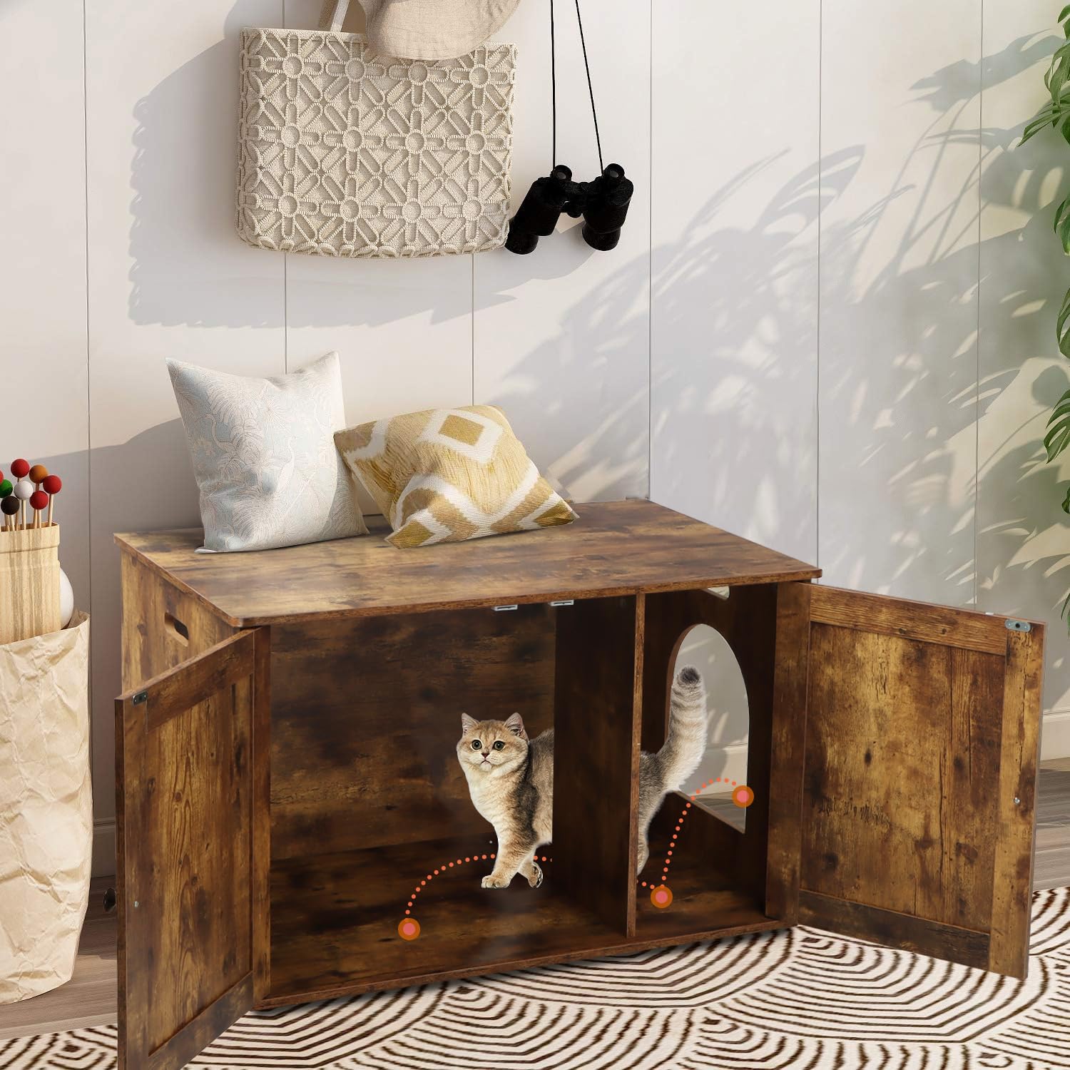 Timberer cat litter box enclosure provides privacy to help keep odors contained.