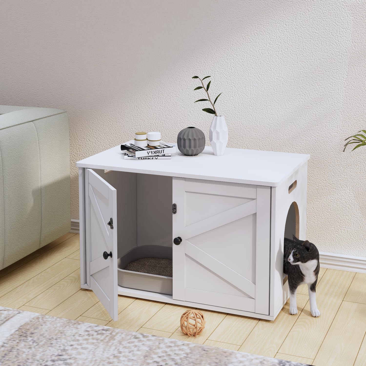 Timberer cat litter box enclosure room placement shows versatile fit in any room.