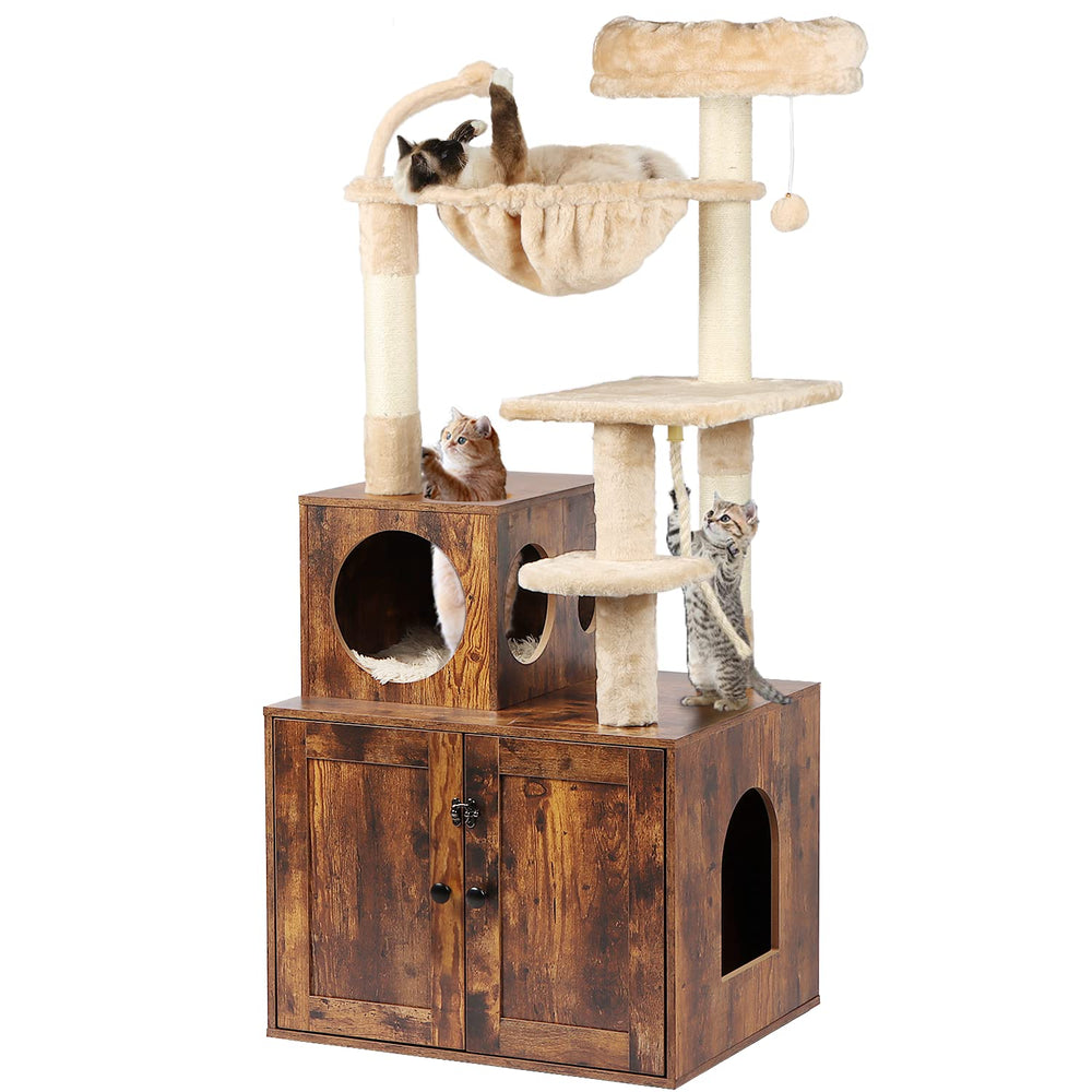 Timberer cat tree litter enclosure side view demonstrates private potty space for cats.