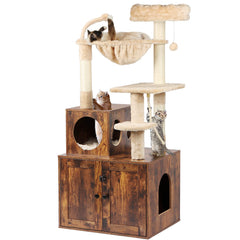 Timberer cat tree litter enclosure side view demonstrates private potty space for cats.