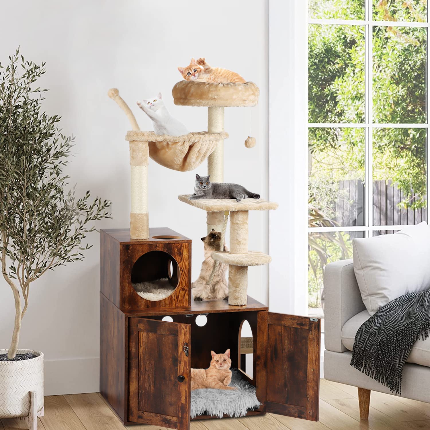 Timberer cat tree private washroom area helps limit litter mess and smells.