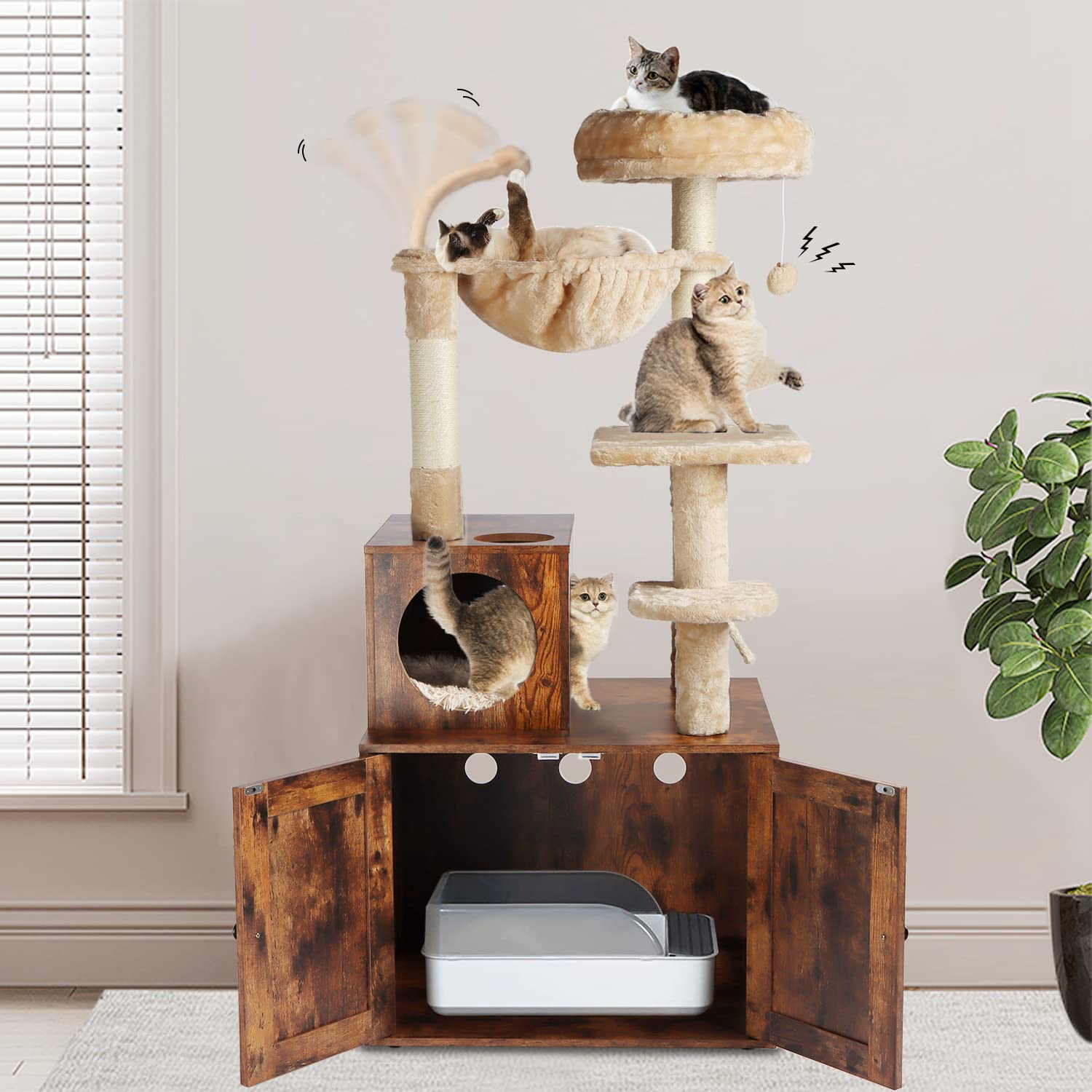 Timberer cat tree room setup blends rustic brown styling with functionality.