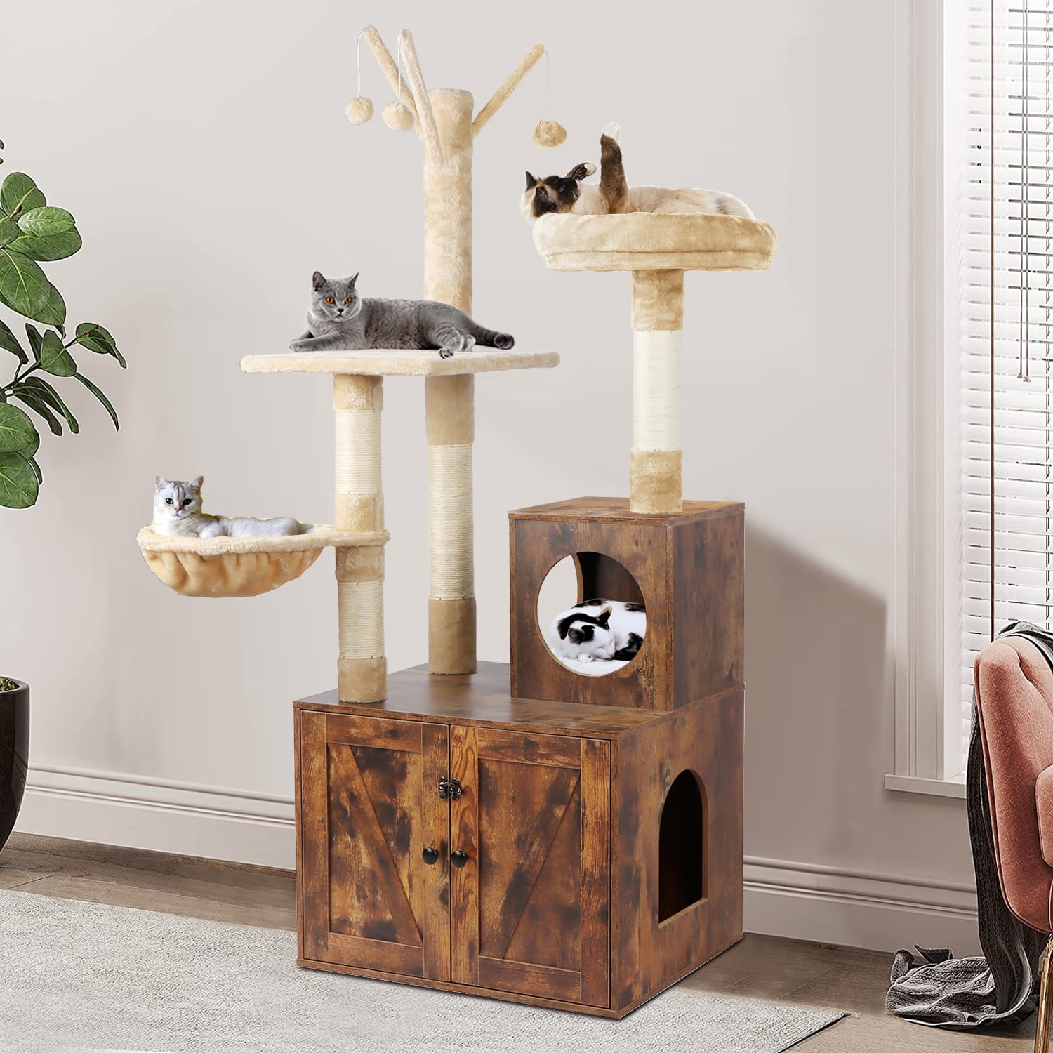Timberer cat tree tower with litter box enclosure offers private space and odor control for cats.