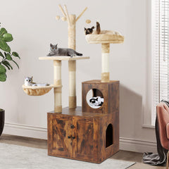 Timberer cat tree tower with litter box enclosure offers private space and odor control for cats.