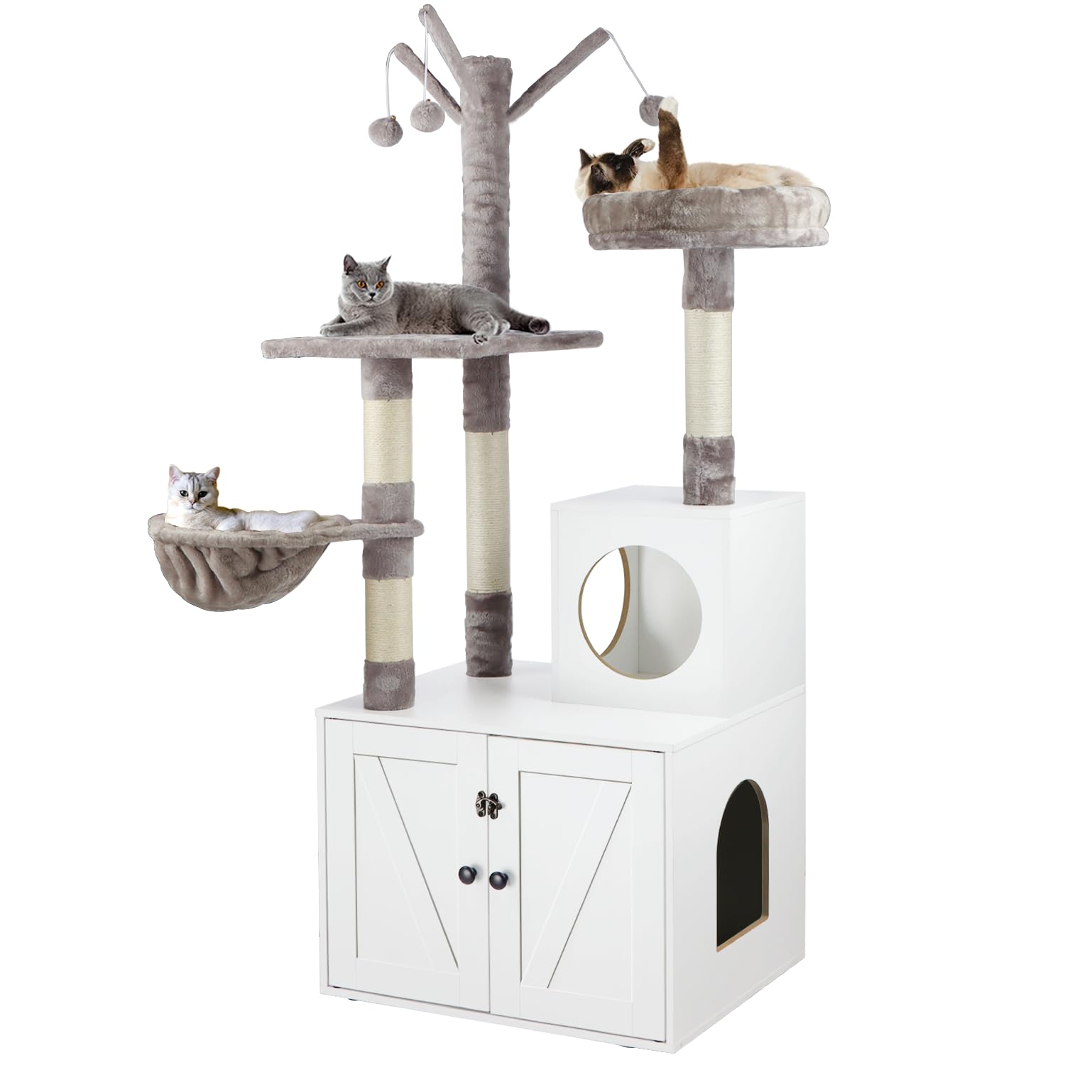 Timberer litter box enclosure cat tree front view showing private litter space and perch for cats