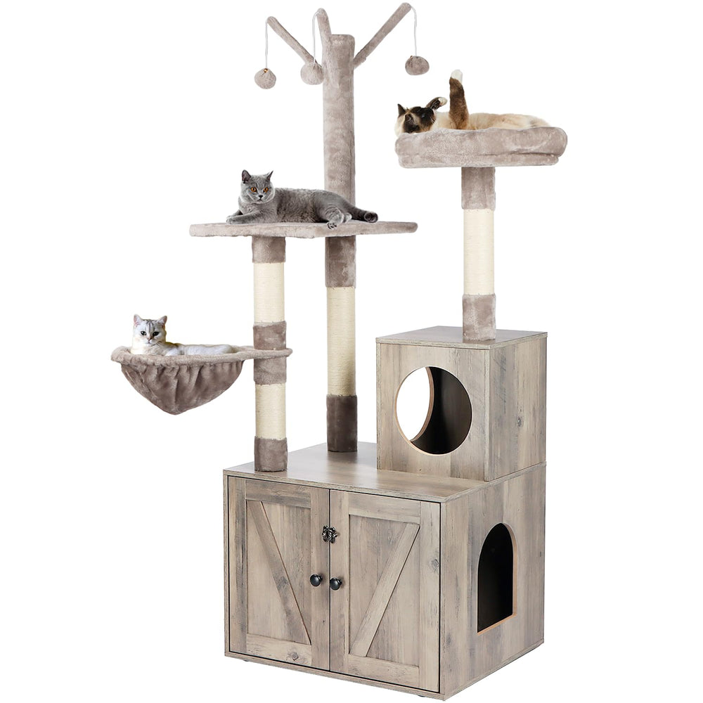 Timberer Litter Box Enclosure cat tree front view offers discreet litter space and play area
