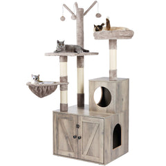 Timberer Litter Box Enclosure cat tree front view offers discreet litter space and play area