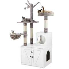 Timberer litter box enclosure cat tree front view showing private litter space and perch for cats