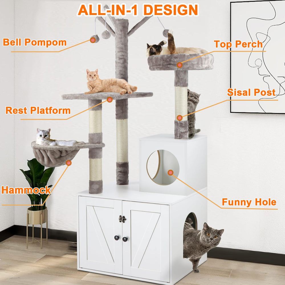 Timberer litter box enclosure cat tree side view highlighting compact size