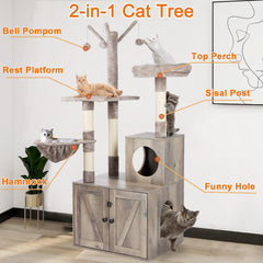 Timberer Litter Box Enclosure cat tree side view highlights private potty nook in living room