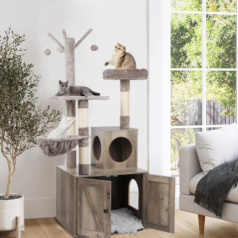 Timberer Litter Box Enclosure cat tree top view showcases multi-level playground for curious cats