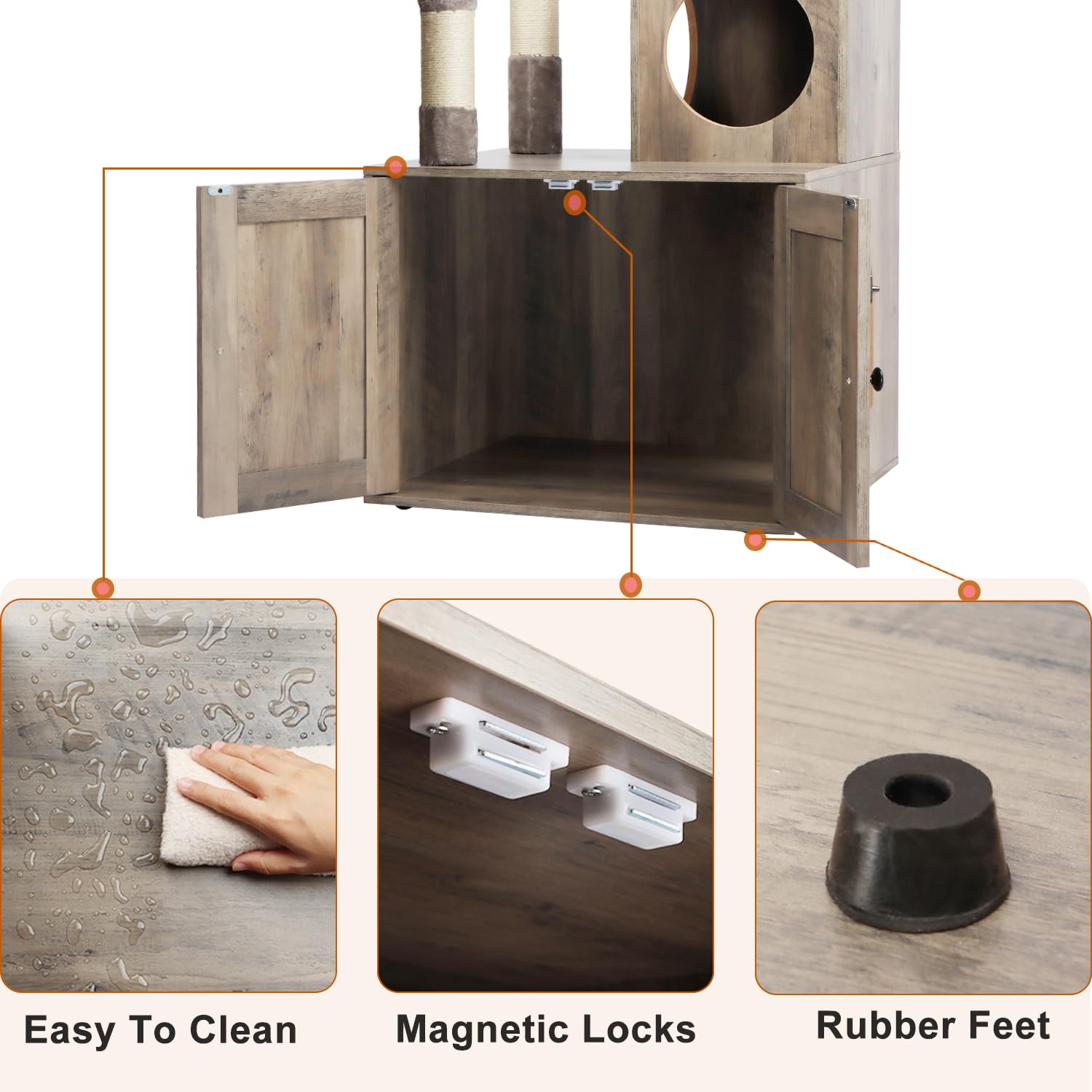 Timberer Litter Box Enclosure privacy door image emphasizes odor-mitigating privacy for your cat