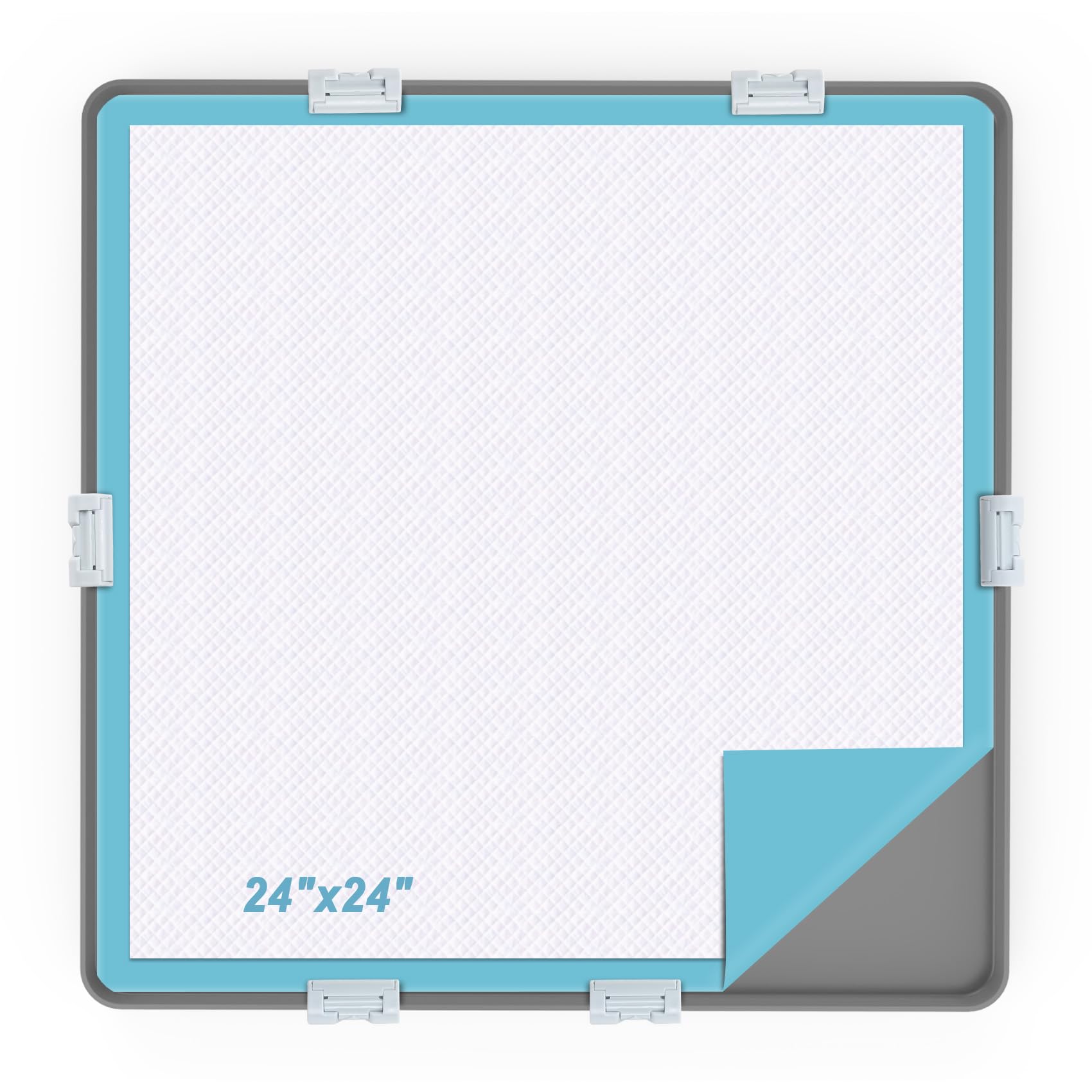 TIMOHCR pee pad tray 24x24 setup on floor helps contain mess during potty training.