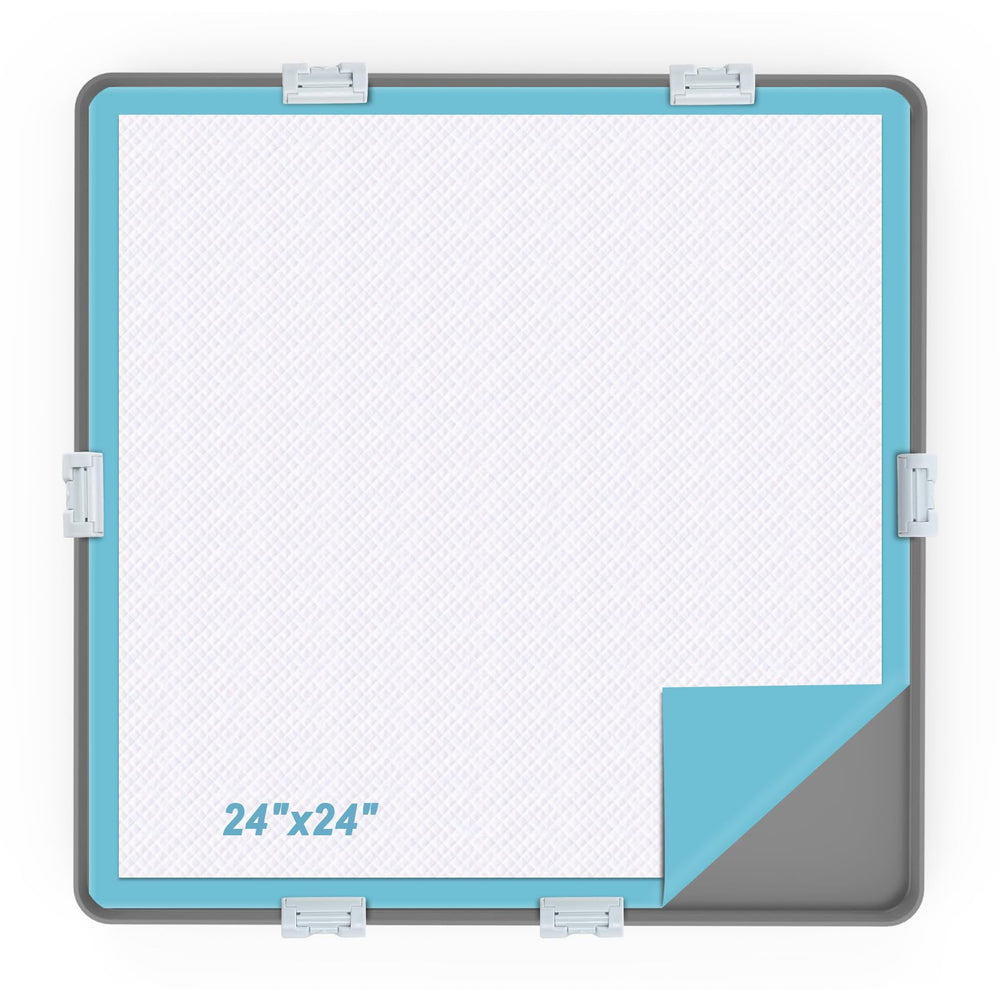 TIMOHCR pee pad tray 24x24 setup on floor helps contain mess during potty training.