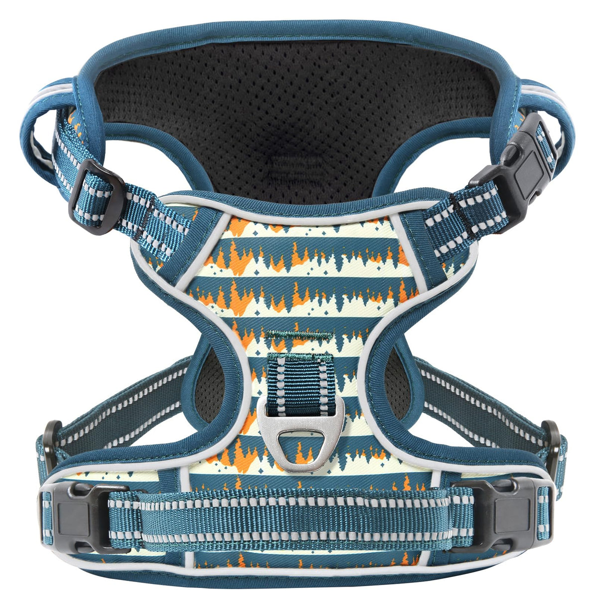 Timos dog harness with three-snap buckles for quick on-off use.