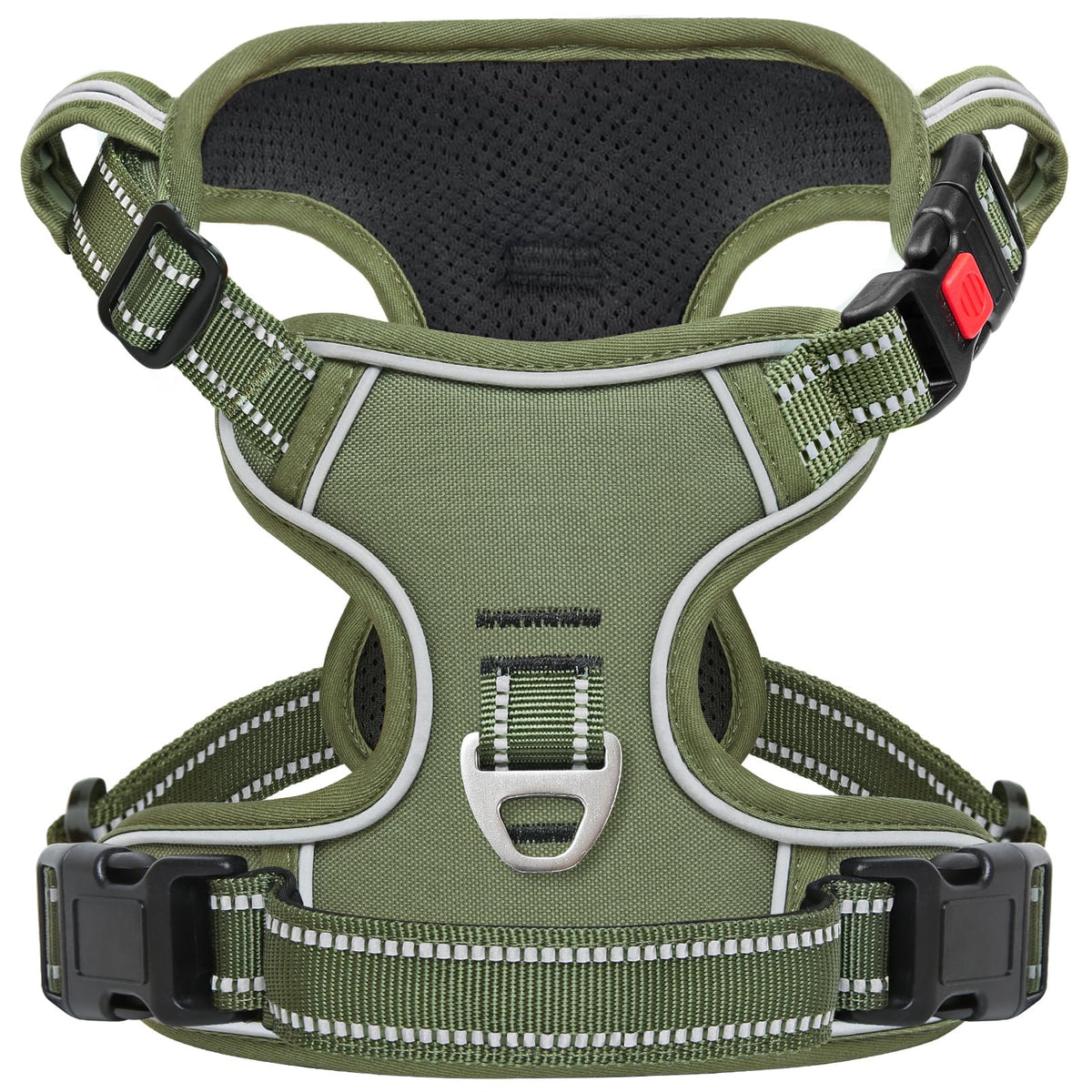 Timos dog harness front view with three fast-release buckles for easy on/off.