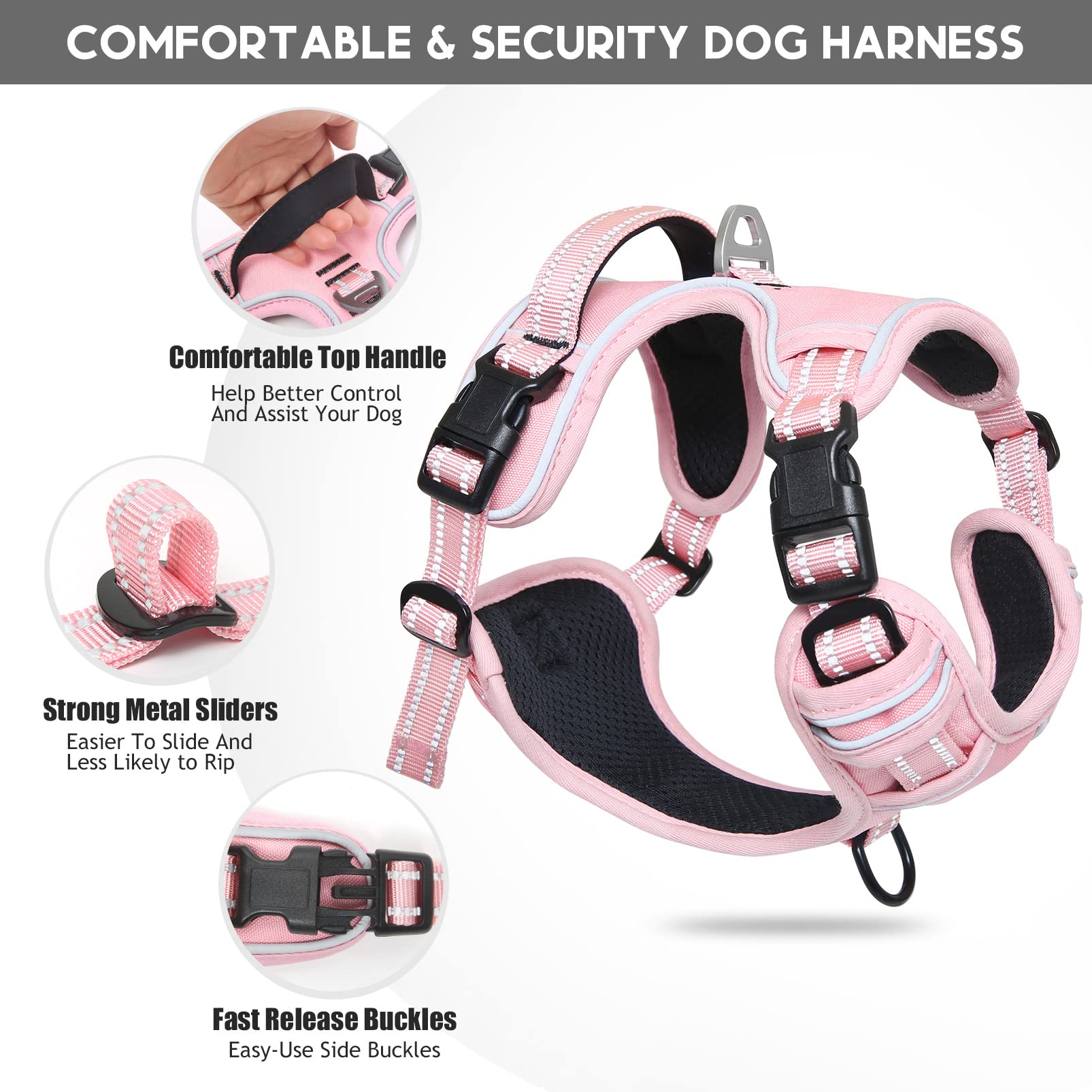 Timos dog harness size L fits neck 46-66 cm and chest 43-86 cm.