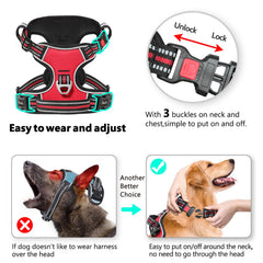 Timos dog harness with neck lockable snap enables easy on-off for large dogs.
