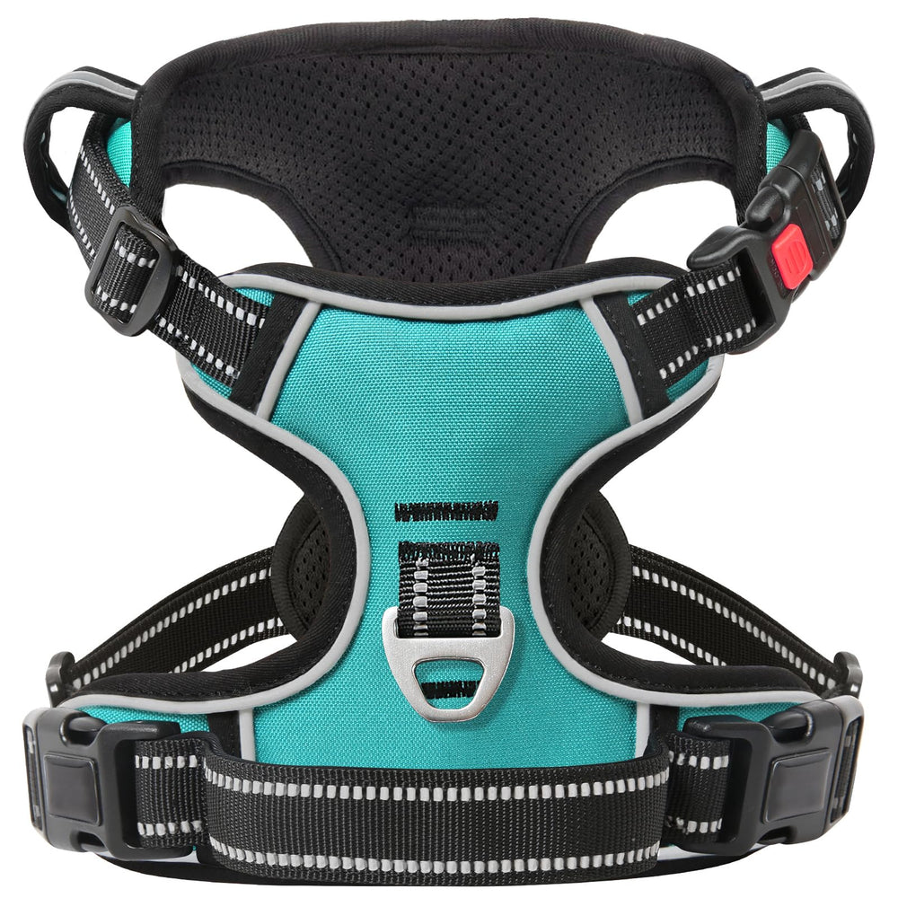 Timos dog harness turquoise easy-control-handle helps guide dogs safely into cars.