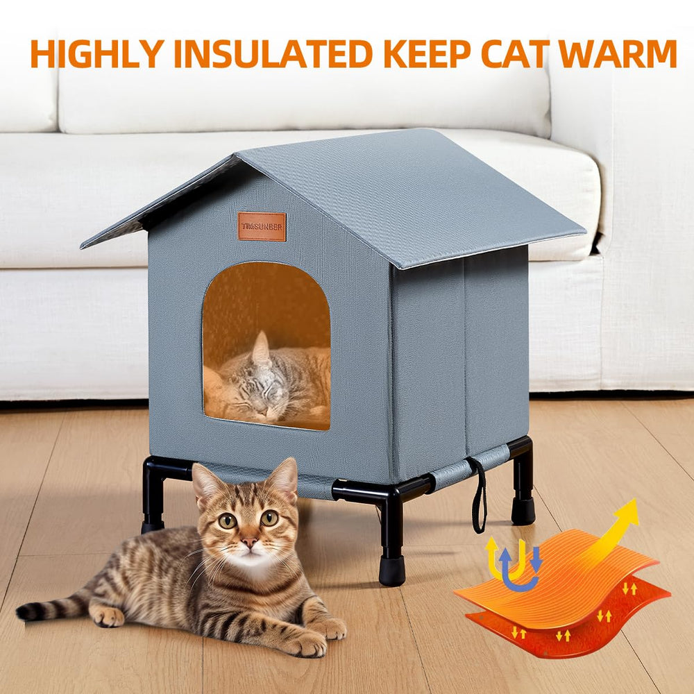 TIMSUNBER raised-bottom cat shelter prevents ground moisture for cozy protection.