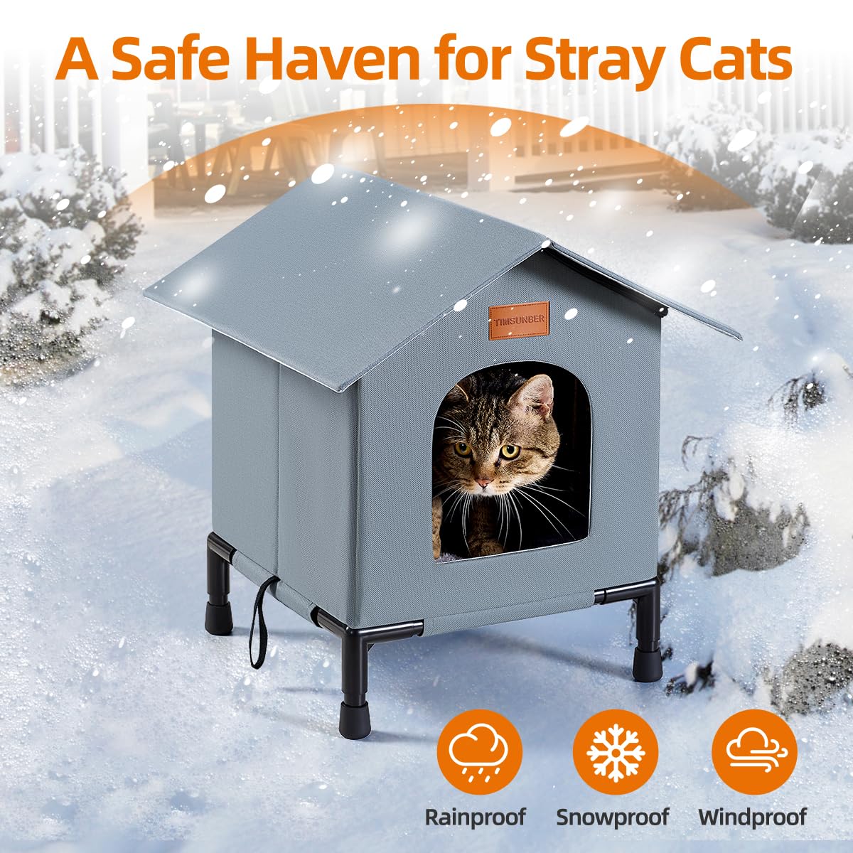 TIMSUNBER weatherproof cat shelter roof shields against rain and snow.