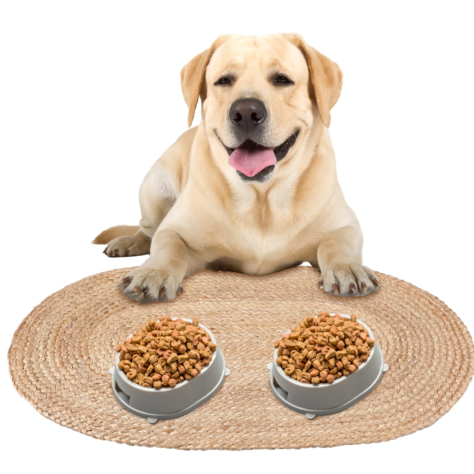 Tinideya braided jute dog bowl mat in 31x20 inch oval protects floors during meals