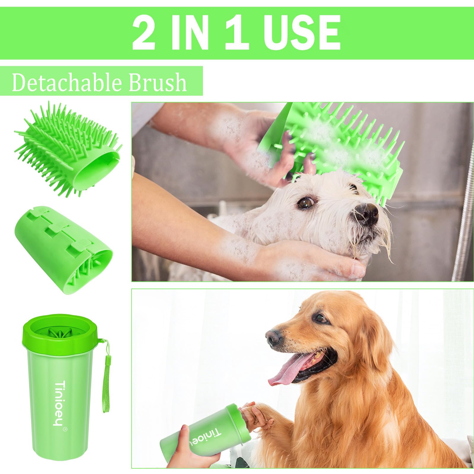 Tinioey paw cleaner in use demonstrates easy hands-free cleaning.