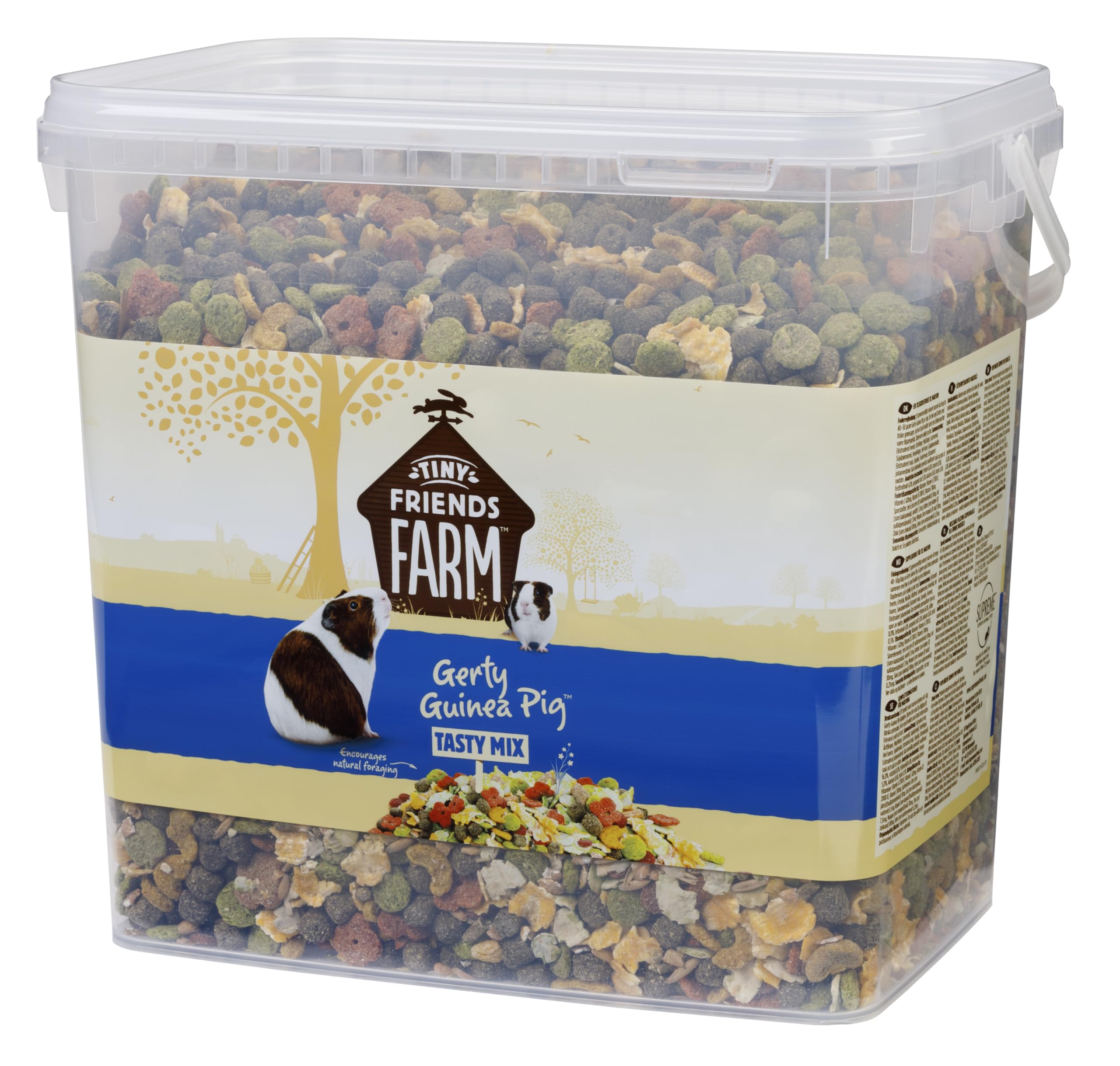 Tiny Friends Farm Gerty Guinea Pig Tasty Mix packaging front view showcases the 10lb bucket.