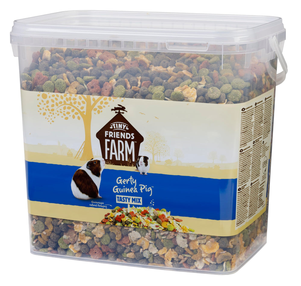 Tiny Friends Farm Gerty Guinea Pig Tasty Mix packaging front view showcases the 10lb bucket.