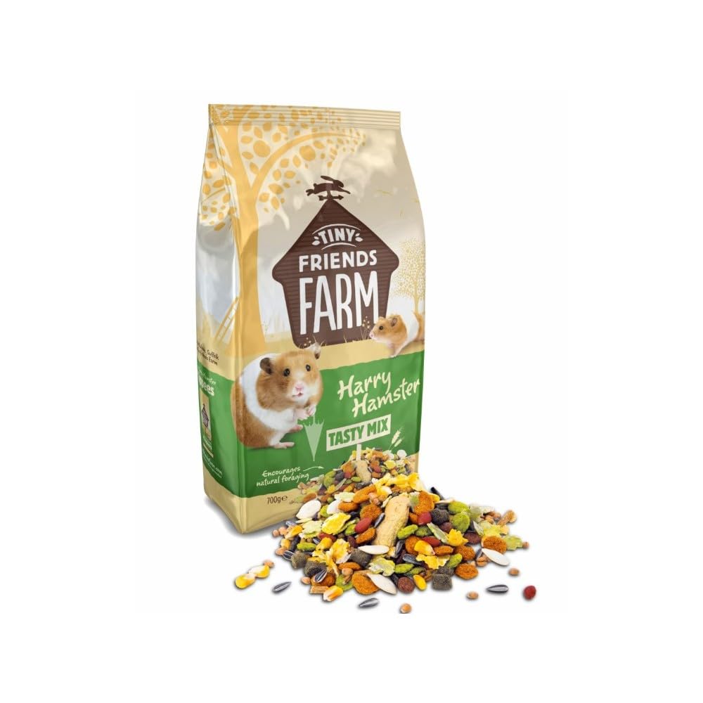 Tiny Friends Farm Harry Hamster Tasty Mix ingredients close-up, featuring whole peanuts and seeds for foraging.