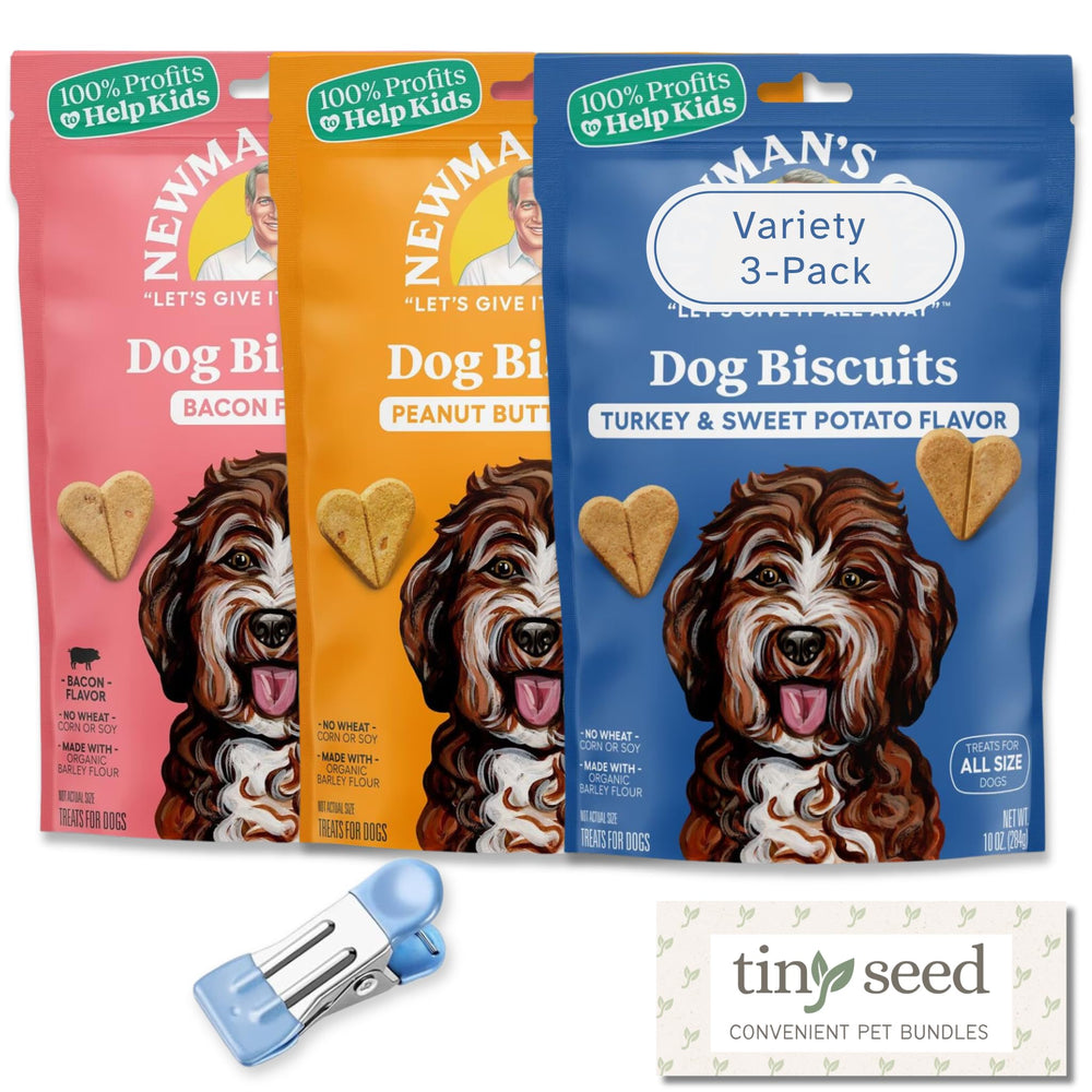 Tiny Seed 3-Pack Crunchy Dog Treats front view showing three flavors for dogs