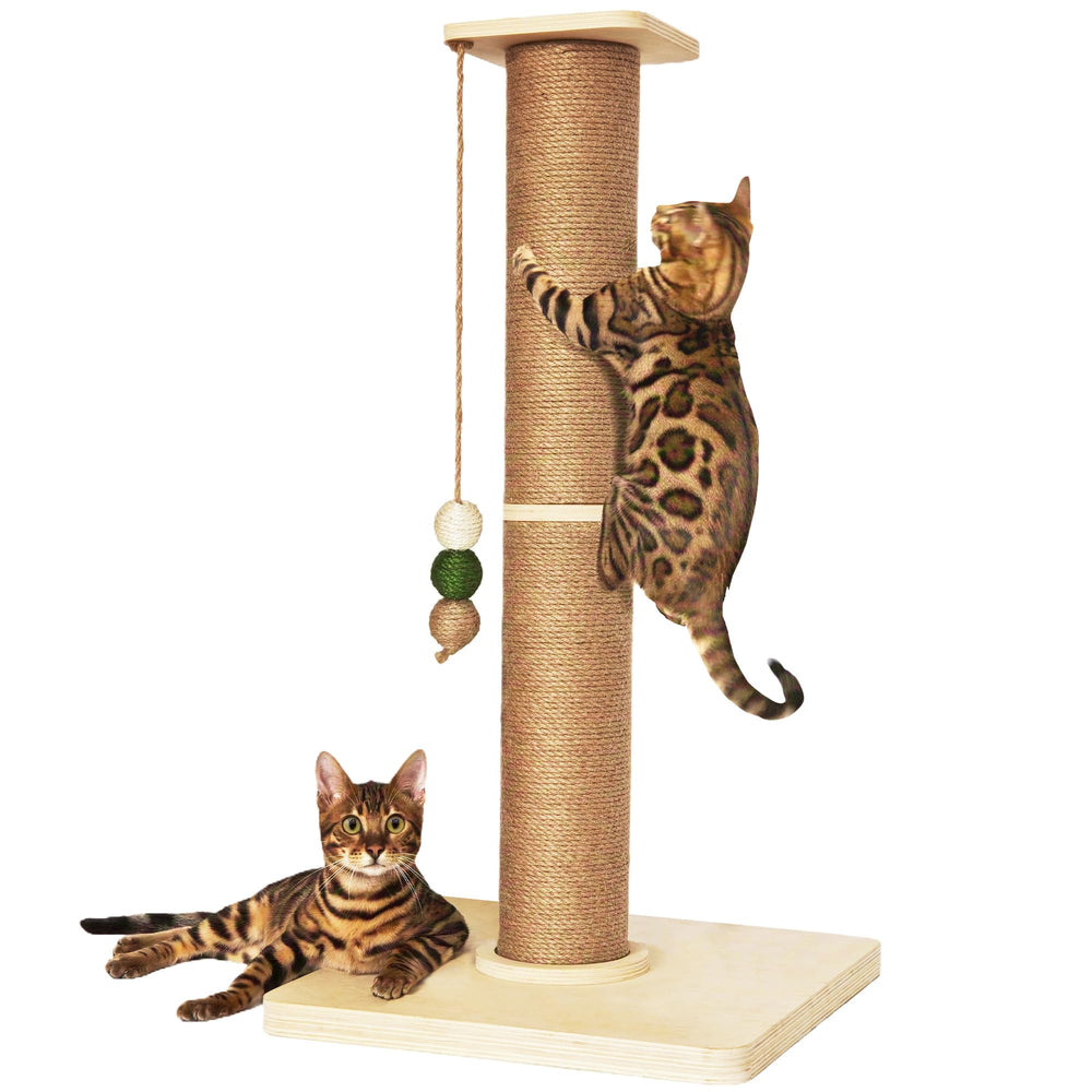 TinyBeast wooden cat scratching post shows sturdy base and wood construction for stable indoor play.