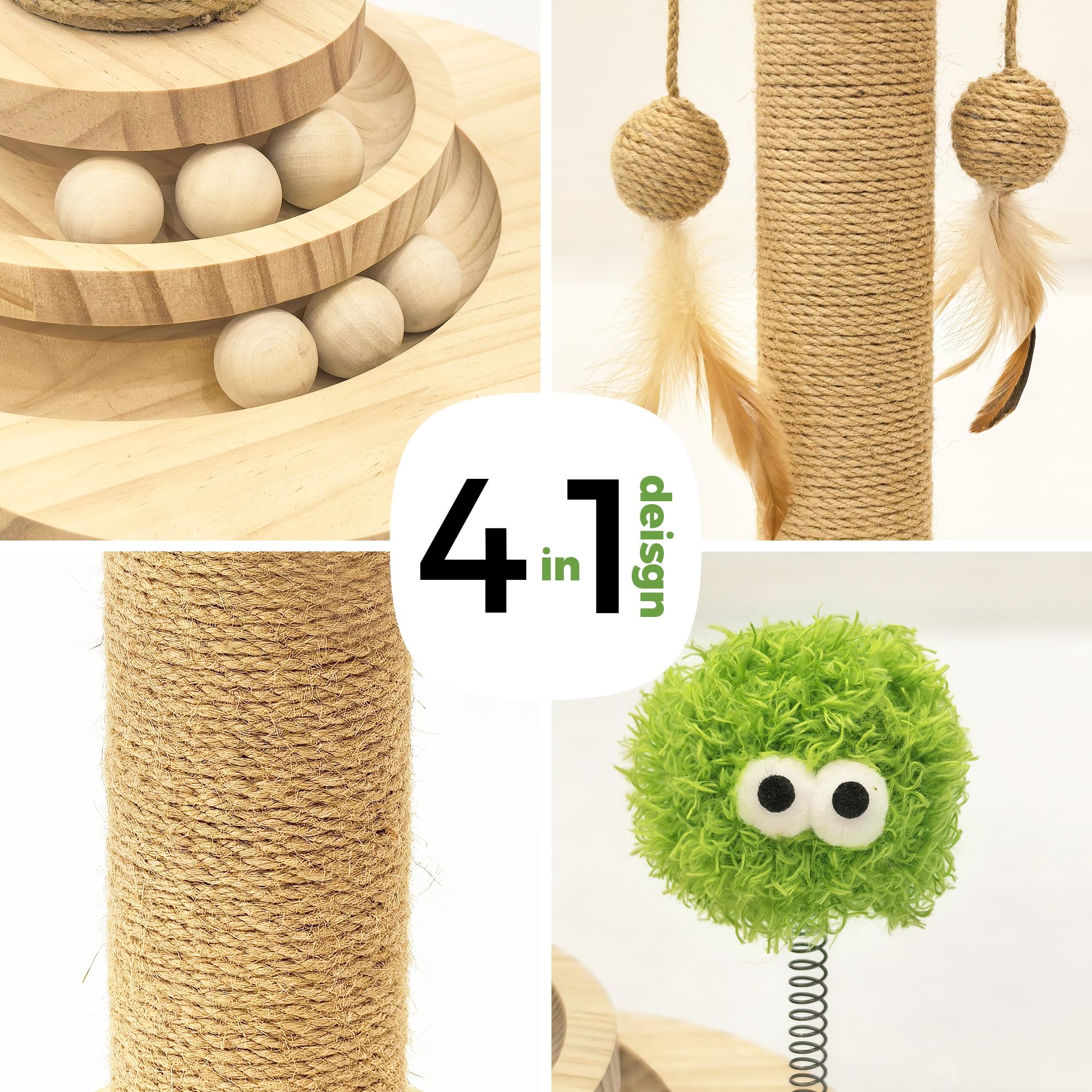 TinyBeast wooden cat scratching post with ball tracks showcases interactive batting and agility training.