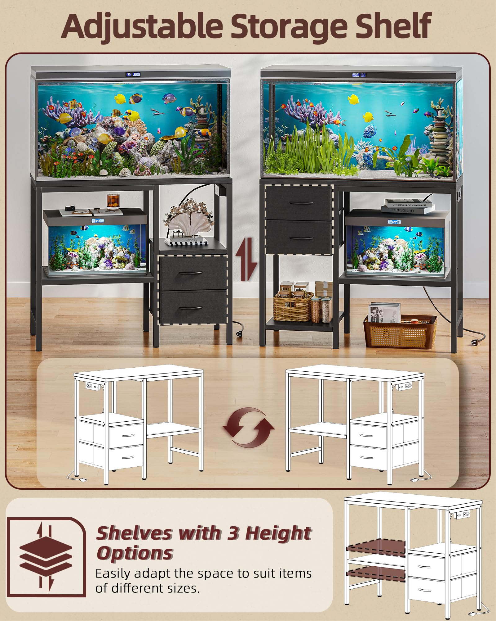 TIQLAB stand built-in power outlet simplifies aquarium setup and maintenance.