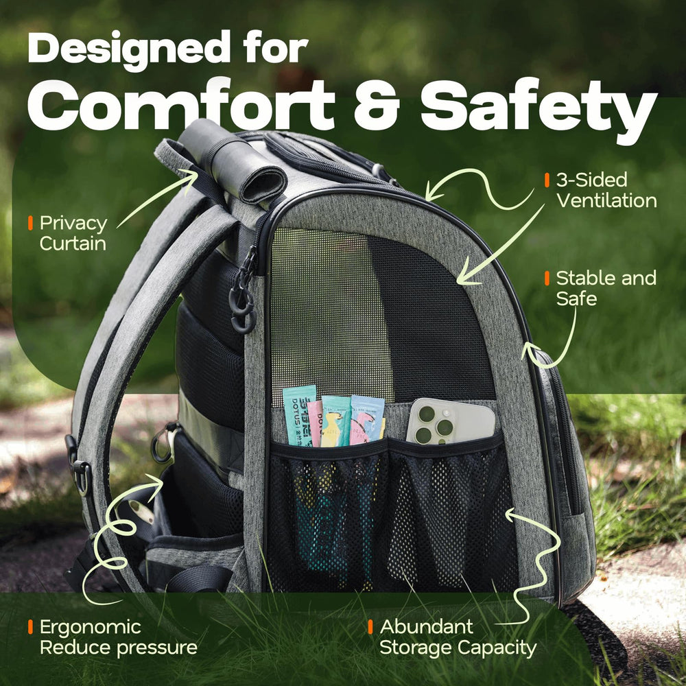 Tirige Premium carrier backpack in use during travel with a small dog