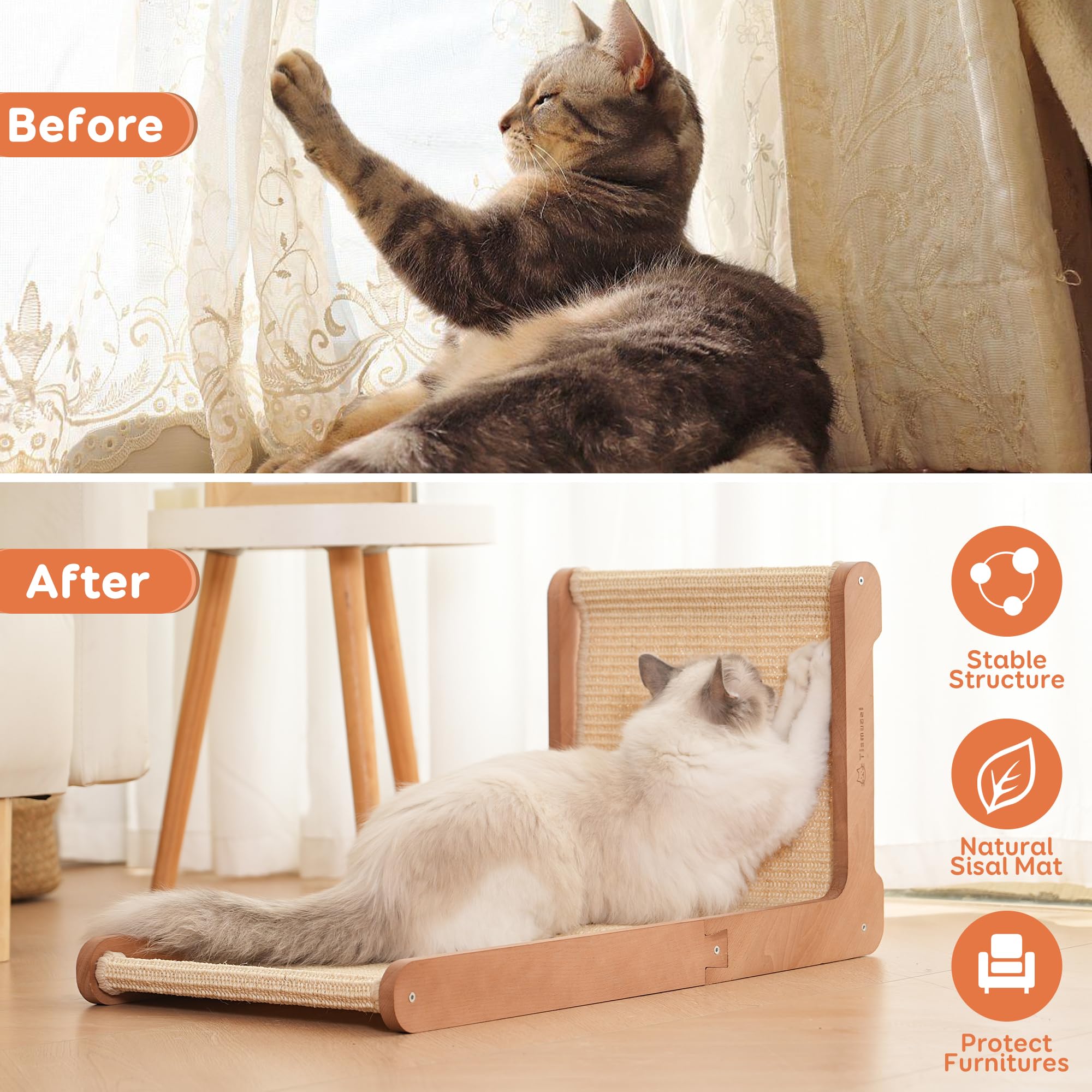 Tismucel furniture-protection feature showcases sofas and walls safeguarded from clawing.