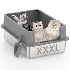 TIUUBT XXXL stainless steel litter box front view showcases spacious interior for big cats and multi-cat homes.