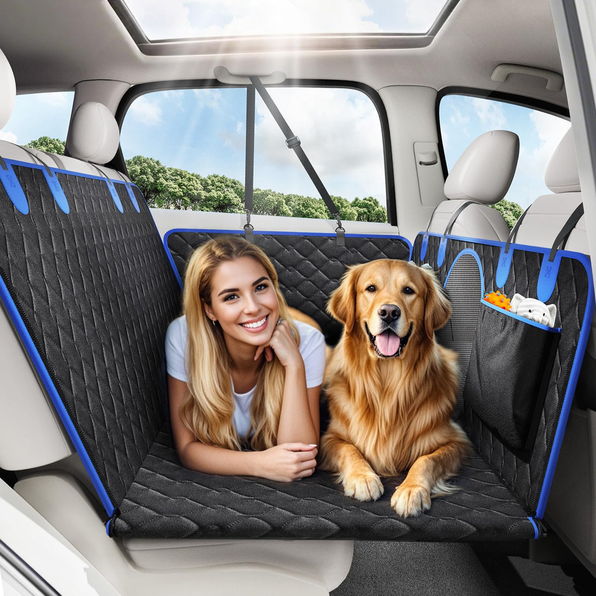 Tivray Back Seat Extender extends space for dogs on car trips.
