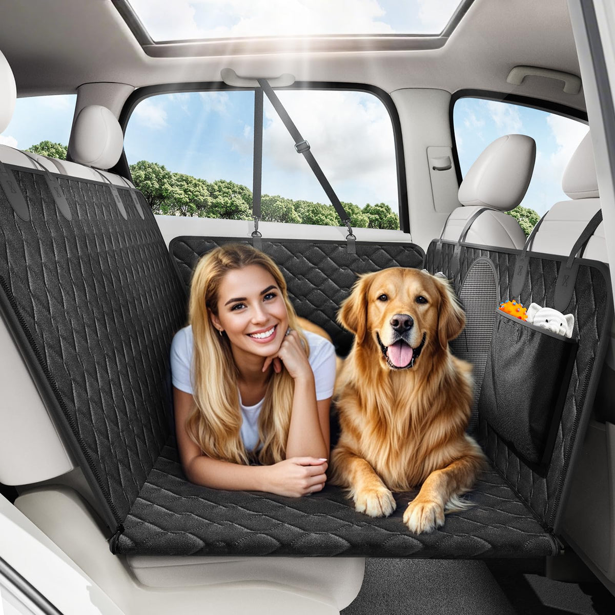 Tivray Back Seat Extender full-coverage shows extended space for dogs on trips, improving comfort
