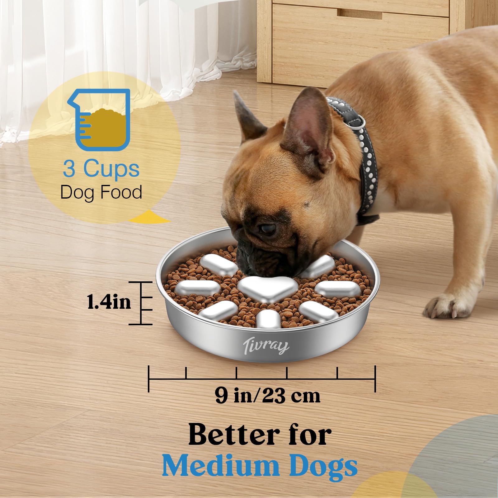 Tivray plato de alimentación lenta para perros medianos, superficie de acero inoxidable suave.