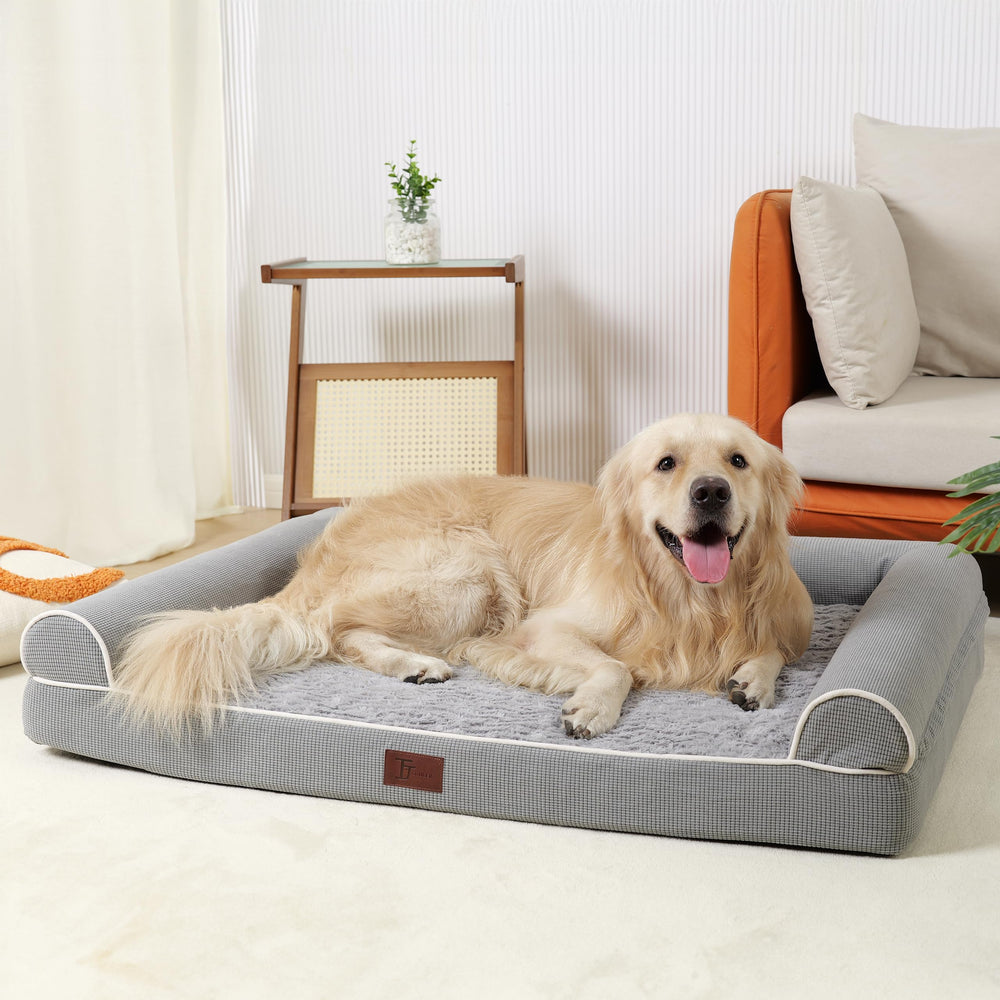 TJSOULER orthopedic dog bed with U-shaped design supports head and neck.