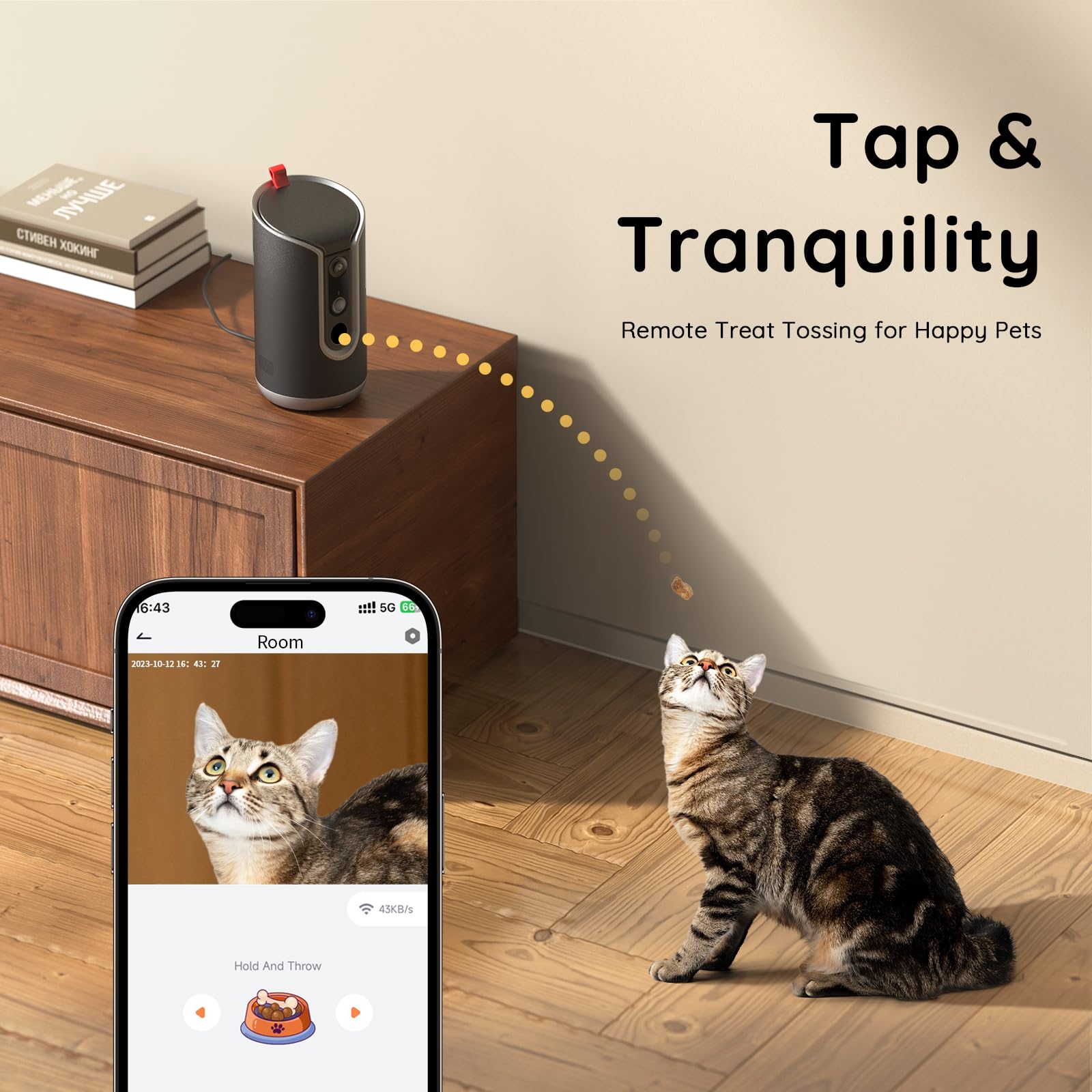 TKENPRO 2K pet camera treat dispenser close-up for remote feeding and bonding.