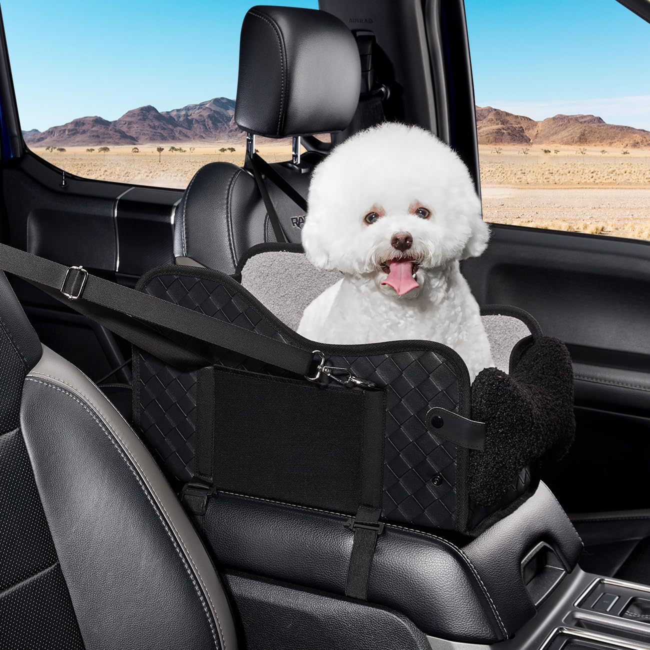 TKYZ center console dog seat front view in black leather supports small dogs with clear outside visibility.