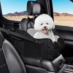 TKYZ center console dog seat front view in black leather supports small dogs with clear outside visibility.