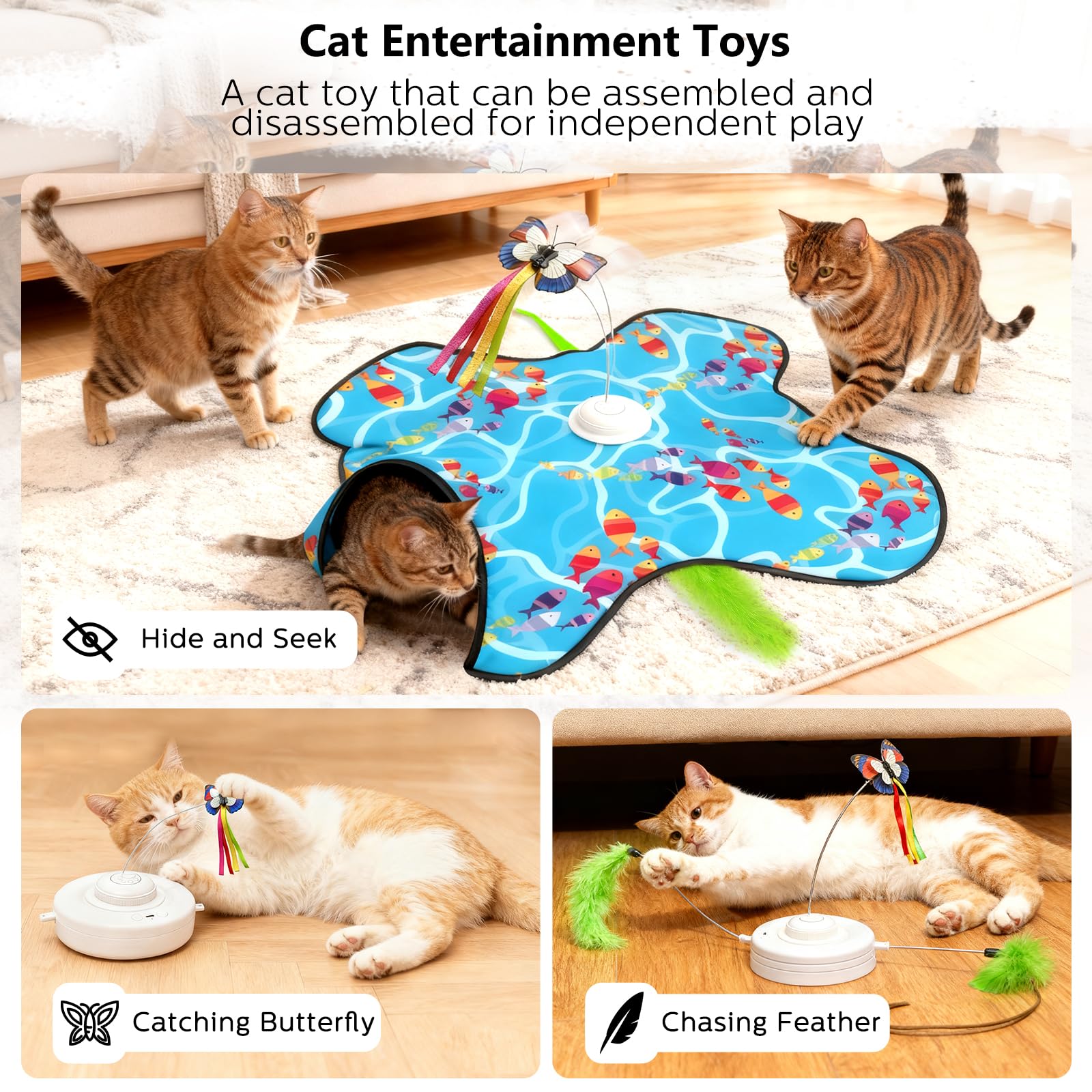 Tlaijiang interactive cat toy 3 modes highlights Blue, Purple, and Yellow play options.