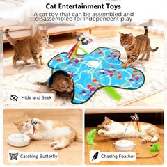 Tlaijiang interactive cat toy 3 modes highlights Blue, Purple, and Yellow play options.