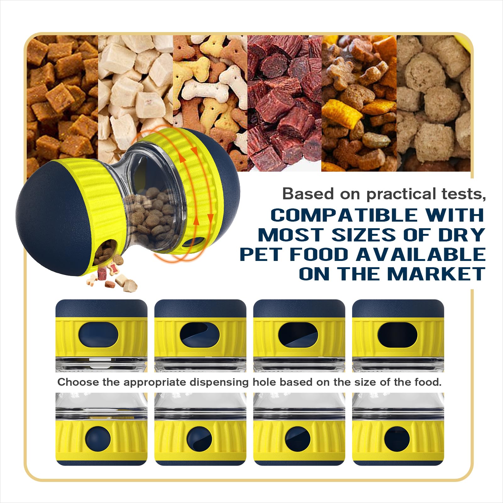 TLKNG extralarge enrichment toy ball—close-up of adjustable dispensing switches for kibble sizes.