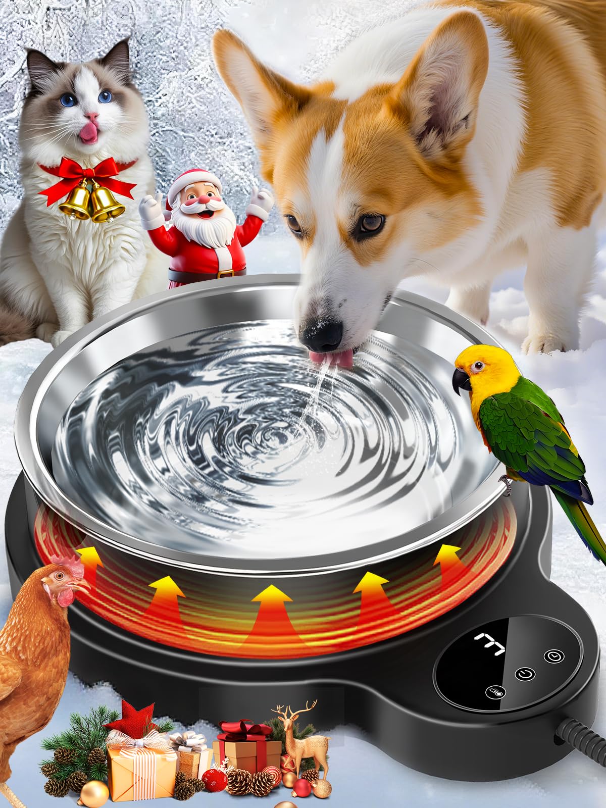 TLXLT heated water bowl overview shows outdoor hydration in cold weather